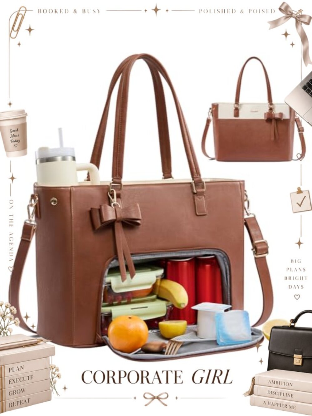 LOVEVOOK 3-in-1 Lunch Tote Bag PU Leather Expandable Laptop Work Bag